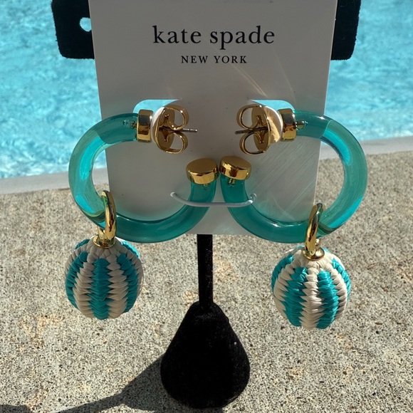 Colorful Raffia Woven Statement Hoop Earrings | Uncommon James New Kate Spade FEELING BUBBLY RAFFIA CHARM HOOPS
Color: Aqua Multi